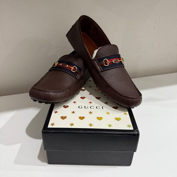 NWT Gucci Ayrton Webbing-Trim Horsebit Leather Driving Loafers Brown Mens US 12 main image 9